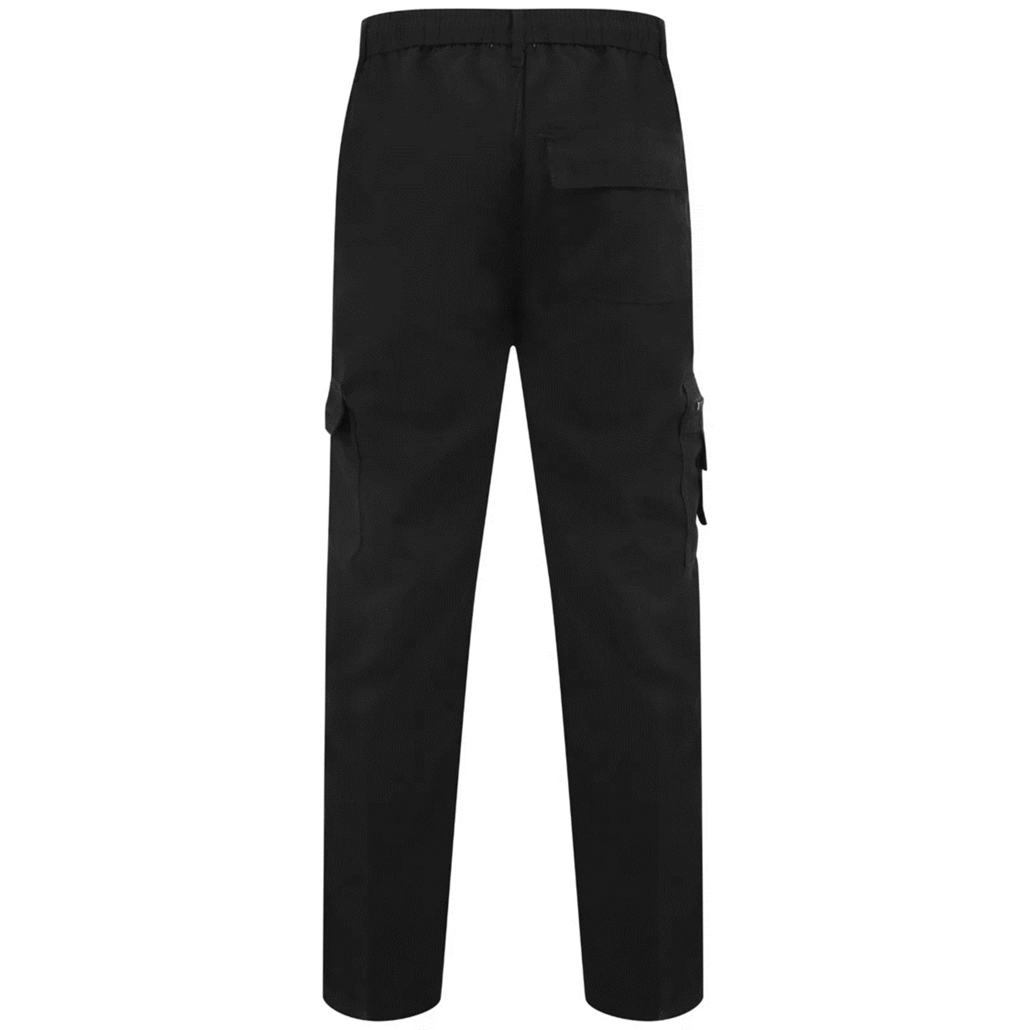 Men's black cargo utility trousers with side flap pockets, elasticated waistband, and belt loops – durable workwear or outdoor pants